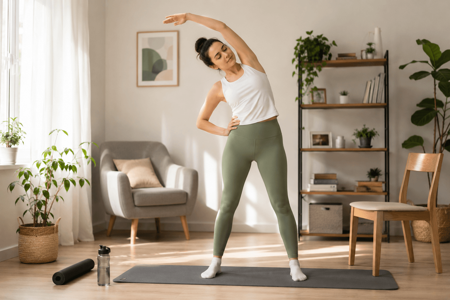 Aydınlık ev ortamında yoga matının yanında kontrollü esneme yapan kişi
