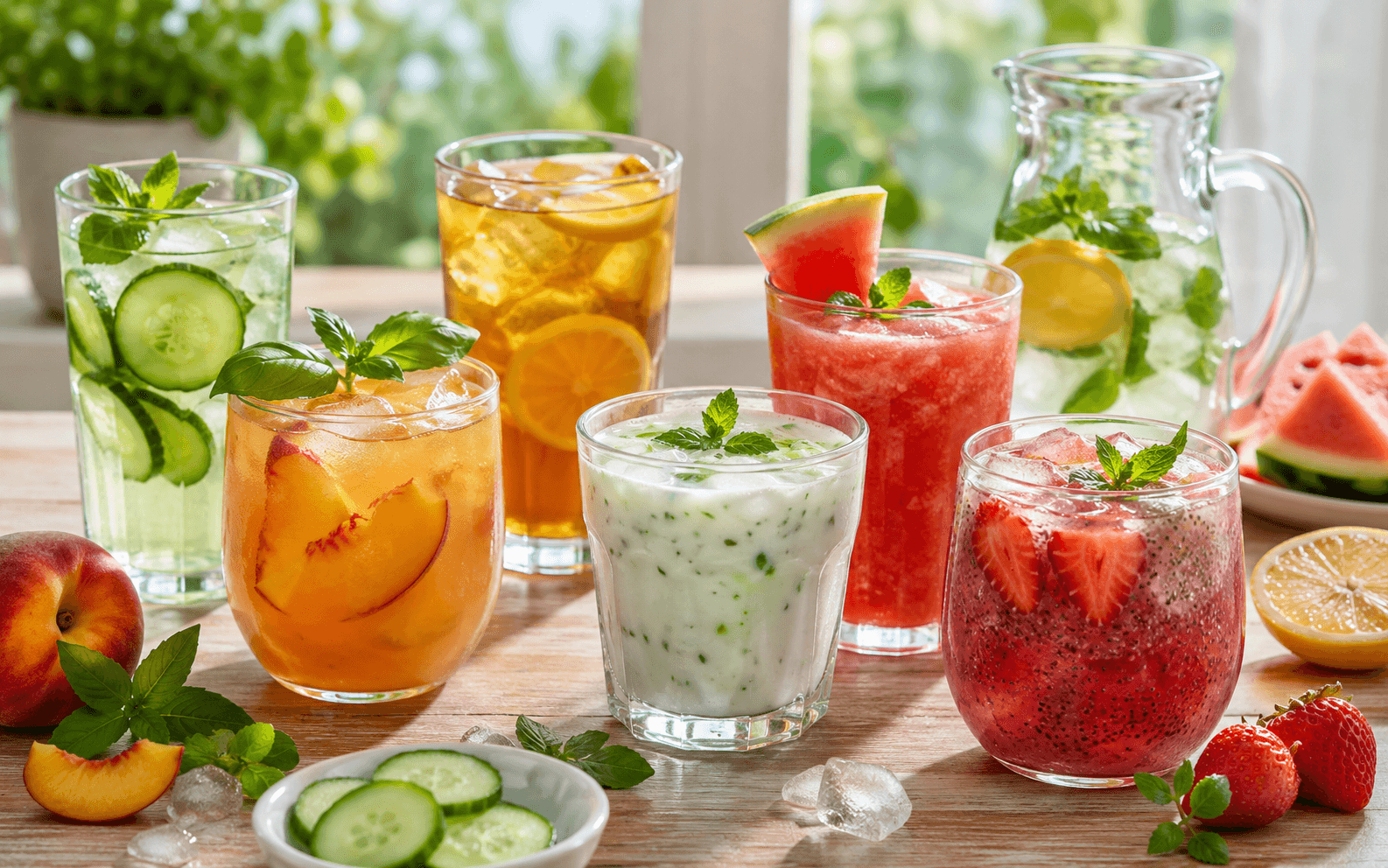 Mutfak tezgahında salatalık, limon, nane, çilek ve karpuzla hazırlanan şekersiz yaz içecekleri ile bir kase soğuk ayran aşı
